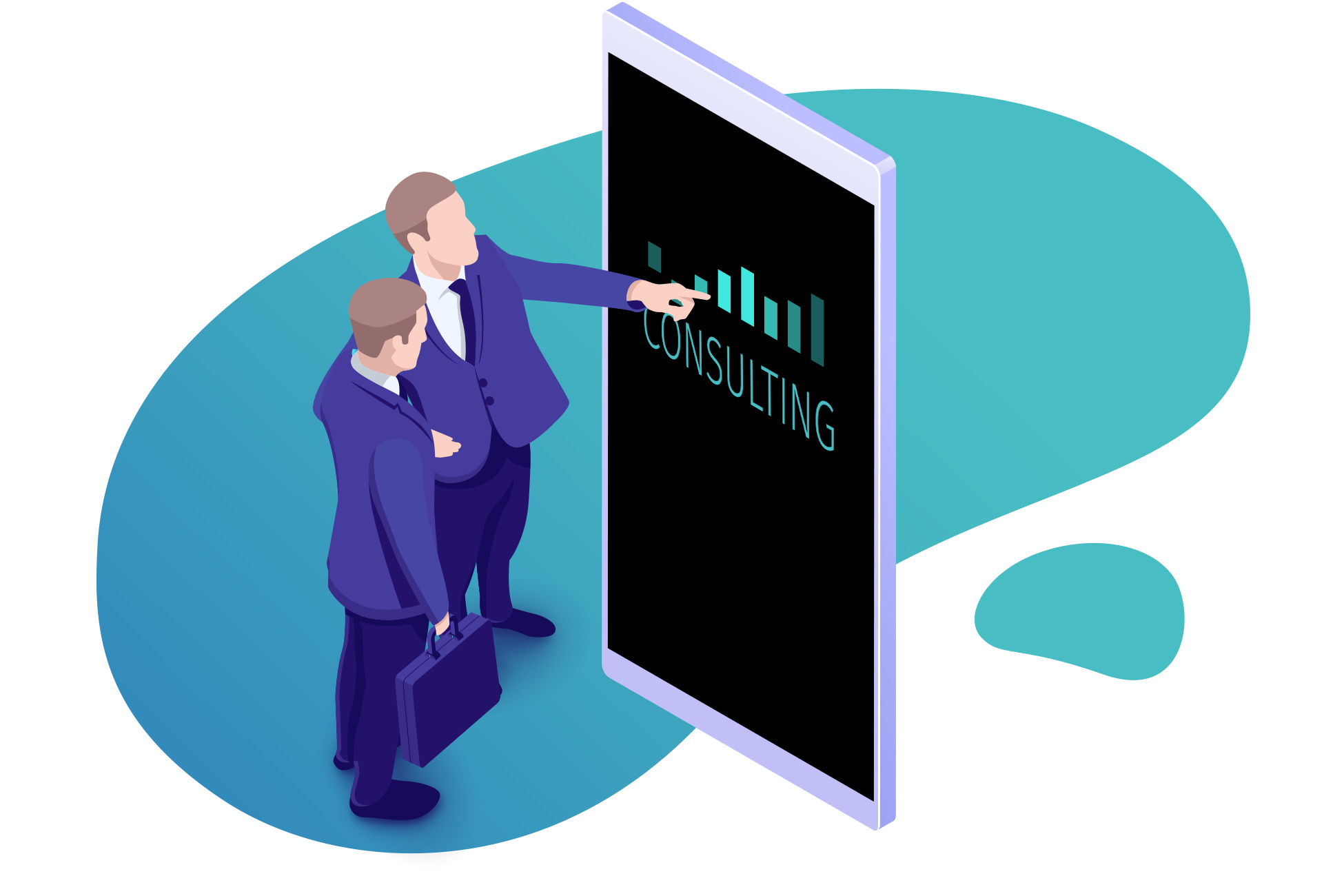Bild von zwei Männern im Anzug die an einem grafischen Bildschirm über Consulting sprechen, auf einem blauen Hintergrund im Cartoon Stil