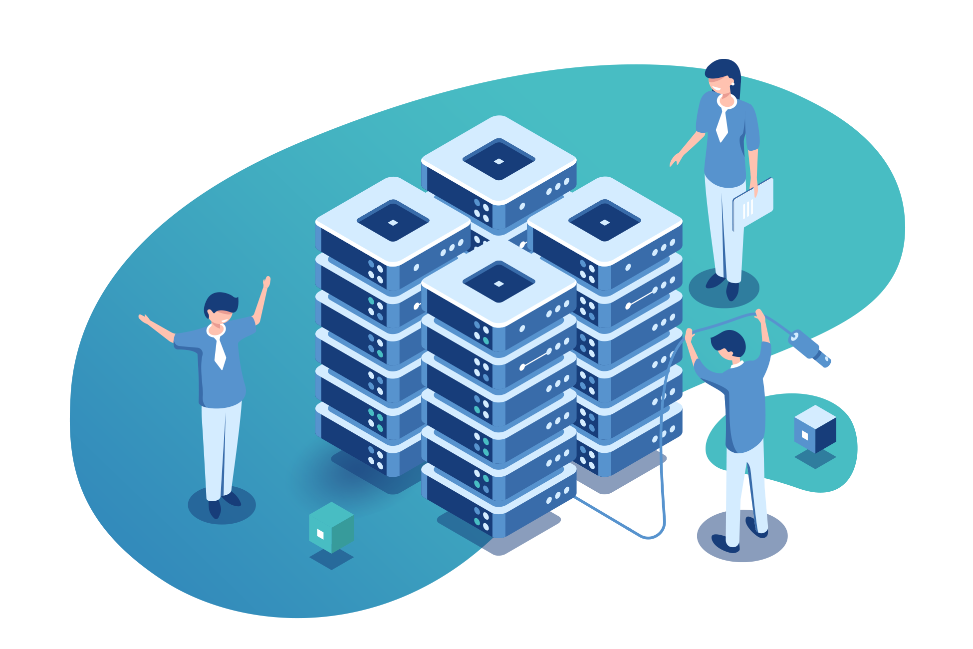 Bild von mehreren Menschen die zusammen um eine physische Server-Struktur stehen und diese zusammen nutzen, auf einem blauen Hintergrund im Cartoon Stil