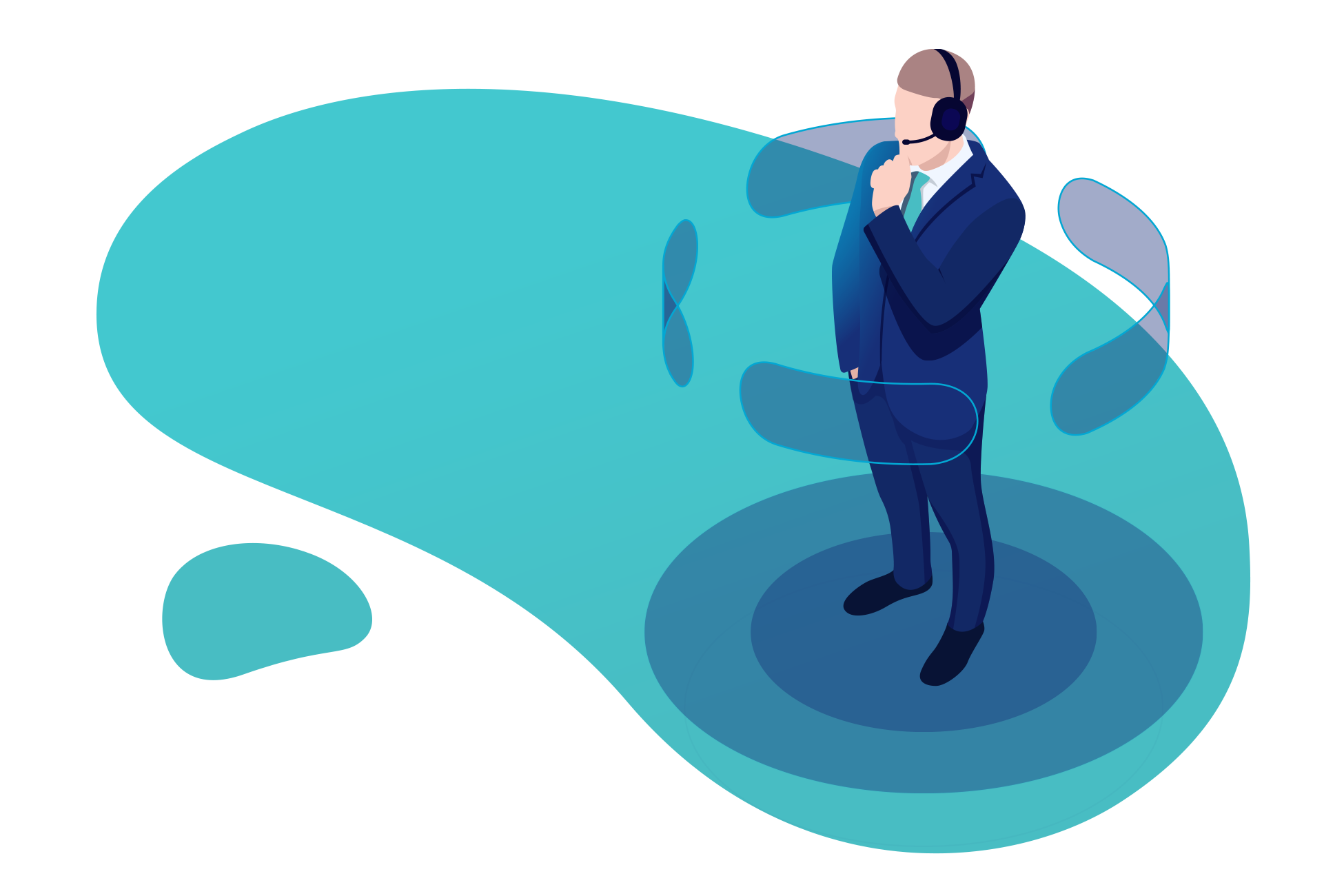 Bild von einem Mann im Anzug mit einem Headset auf dem Kopf, auf einem blauen Hintergrund im Cartoon Stil
