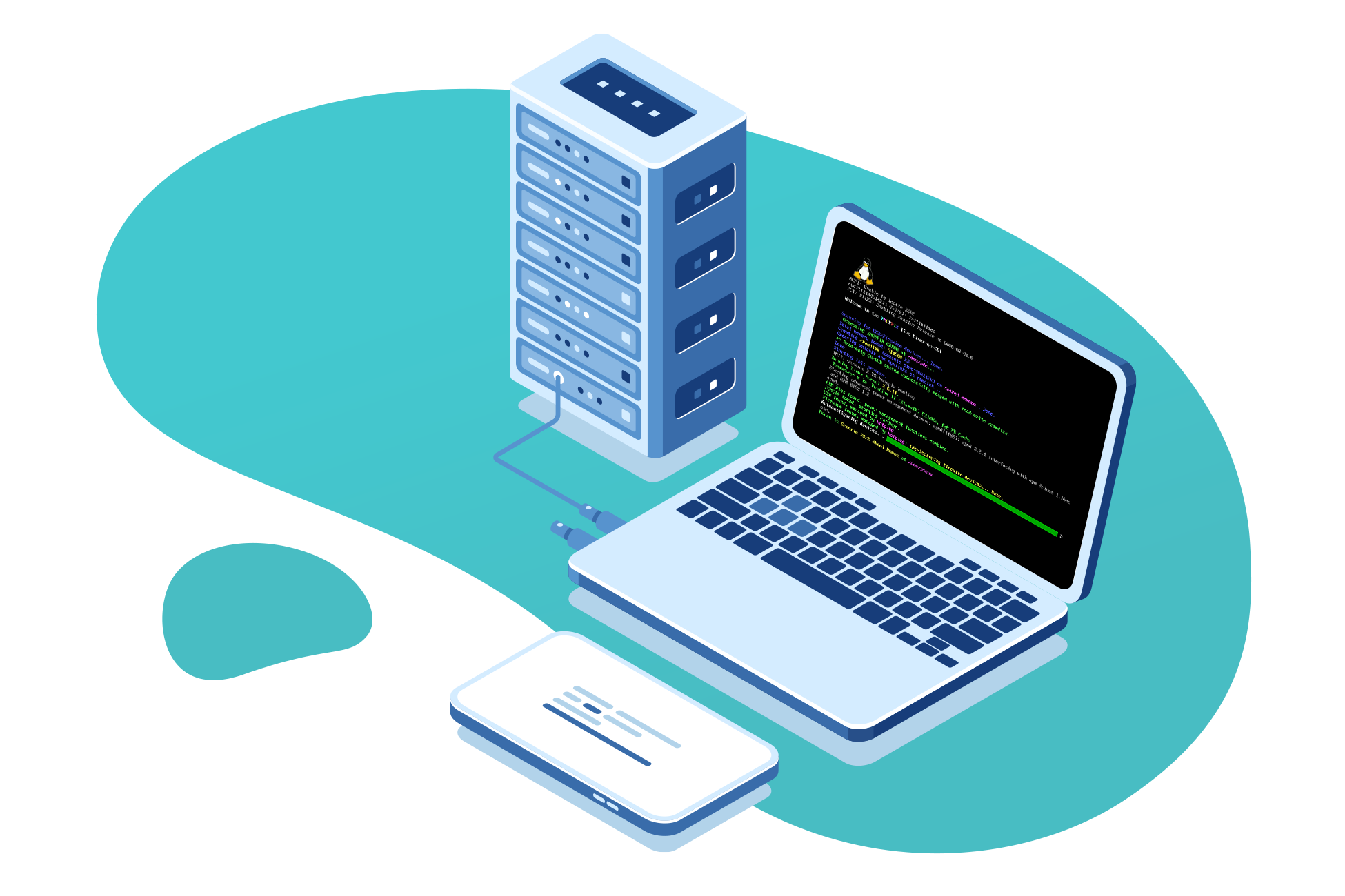 Bild von einem Laptop, welcher mit einem Server verbunden ist, auf einem blauen Hintergrund im Cartoon Stil